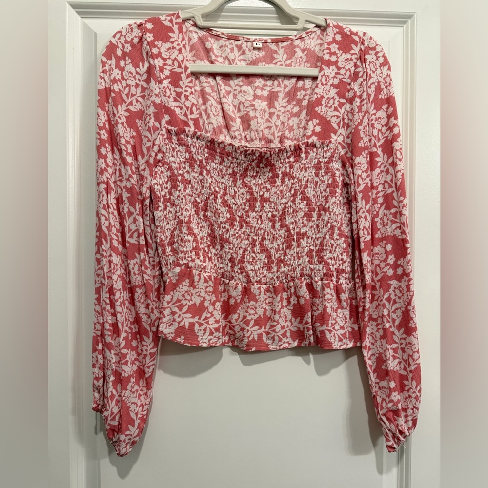 Floral Smocked Women's Top -Pink and White